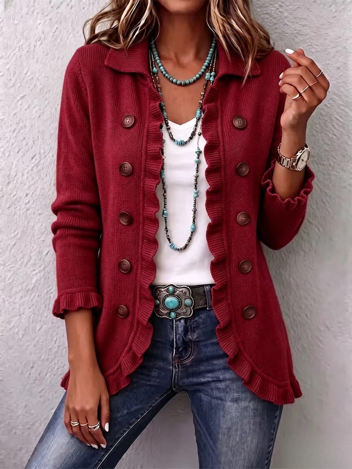 Chaqueta Marta en rojo rubí, vista frontal
