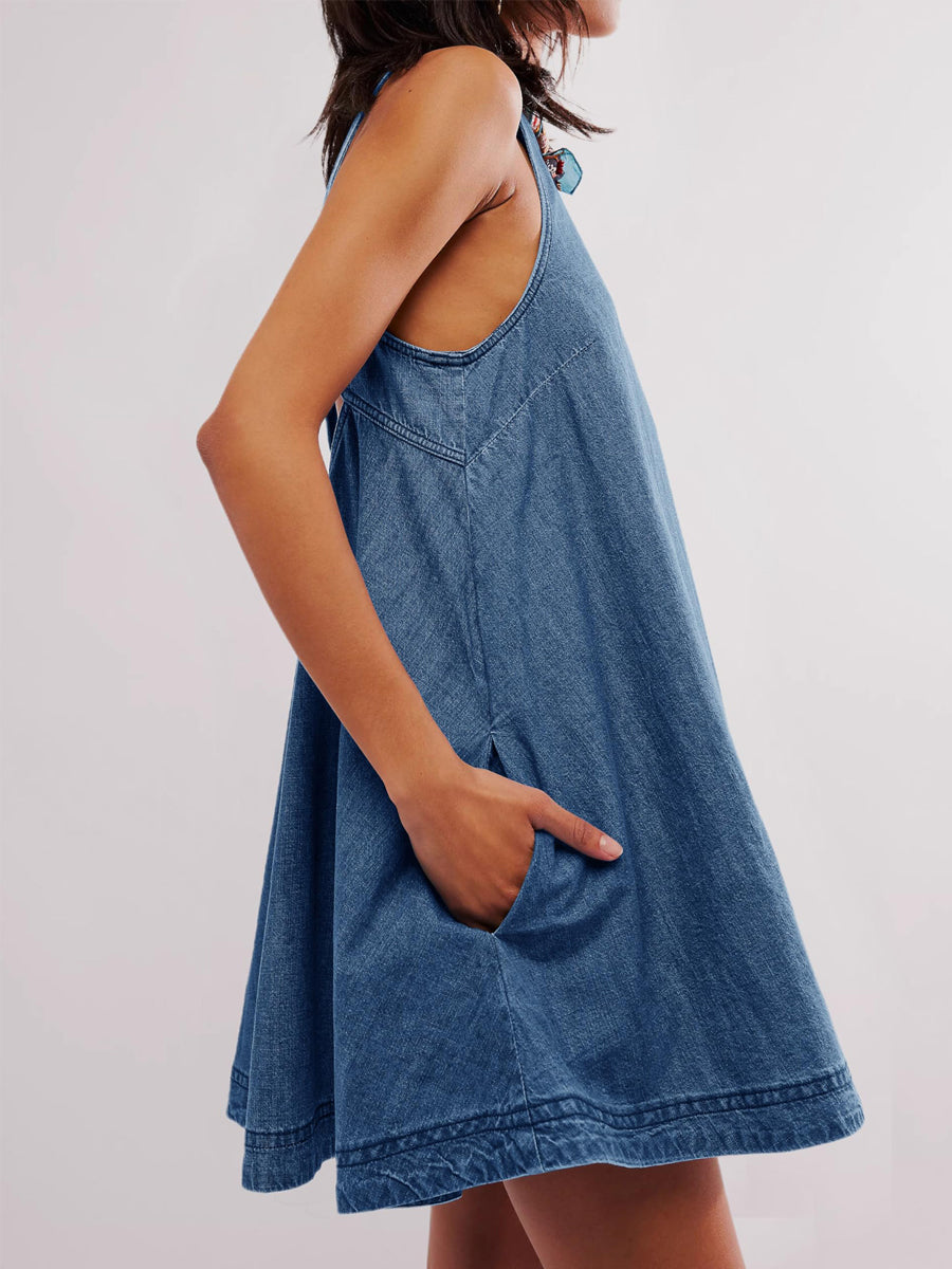 Vestido vaquero corto azul oscuro, look completo de cuerpo entero