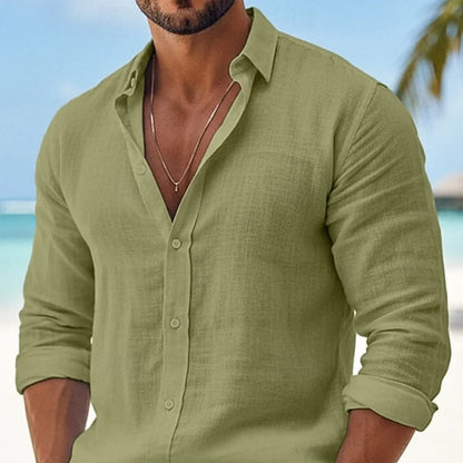 Camisa de lino y algodón verde oliva para hombre