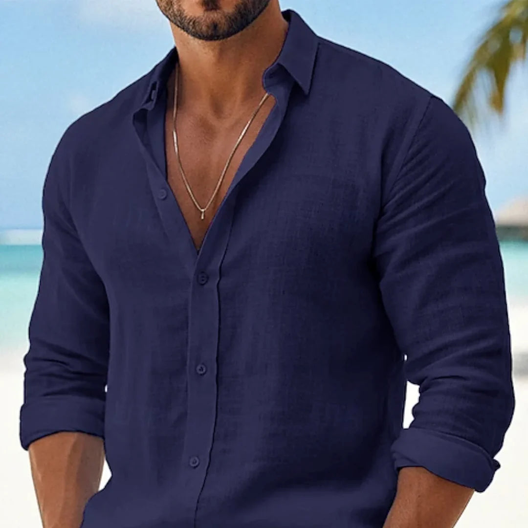 Camisa de lino y algodón azul marino para hombre