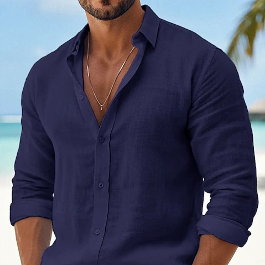 Camisa de lino y algodón azul marino para hombre