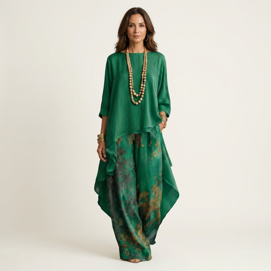 Conjunto Marciana | Asimétrico de algodón y seda en verde, vista frontal