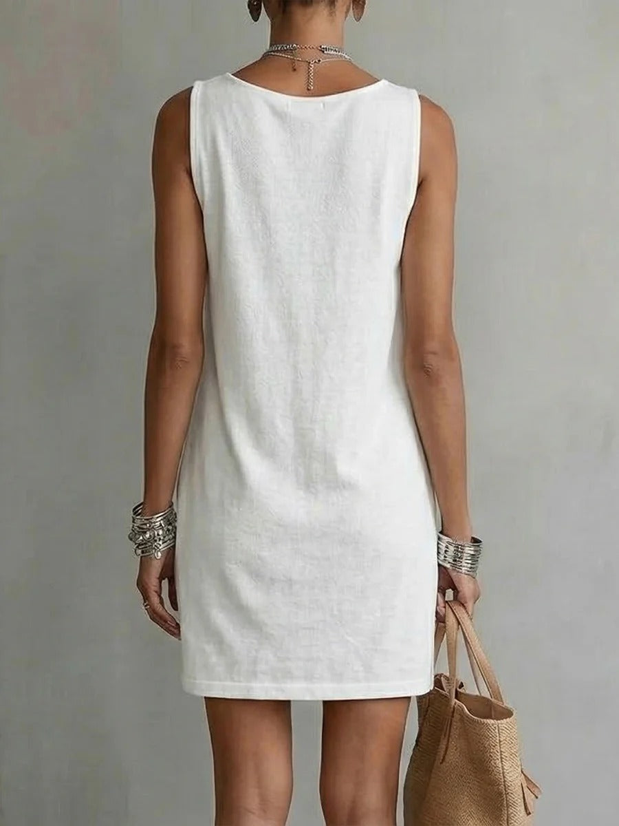 Vestido Nácar | Vestido de Algodón sin Mangas con Escote Drapeado