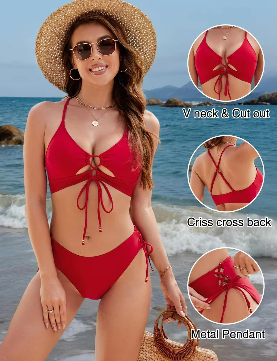 Conjunto de bikini con top de cordones frontales ajustables y braguita con lazos laterales