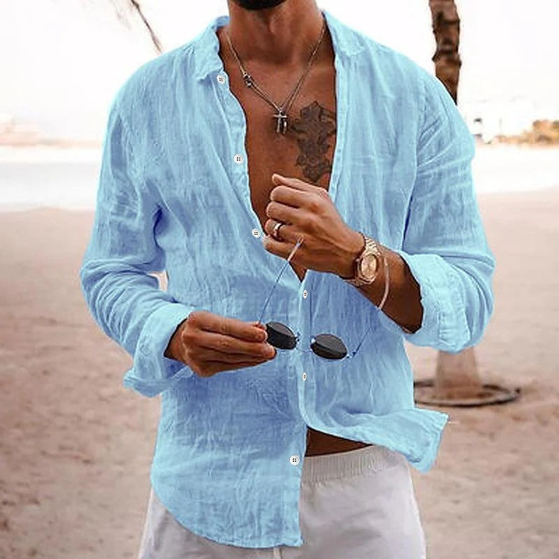 Camisa Casual de Algodón y Lino para Hombre