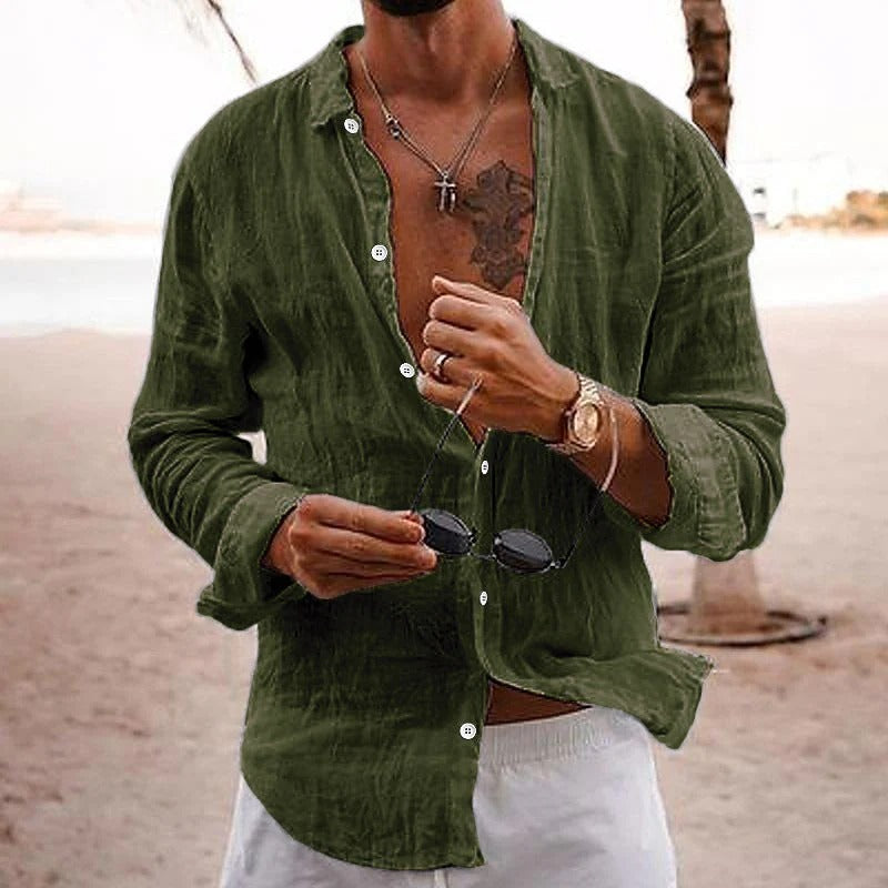 Camisa Casual de Algodón y Lino para Hombre