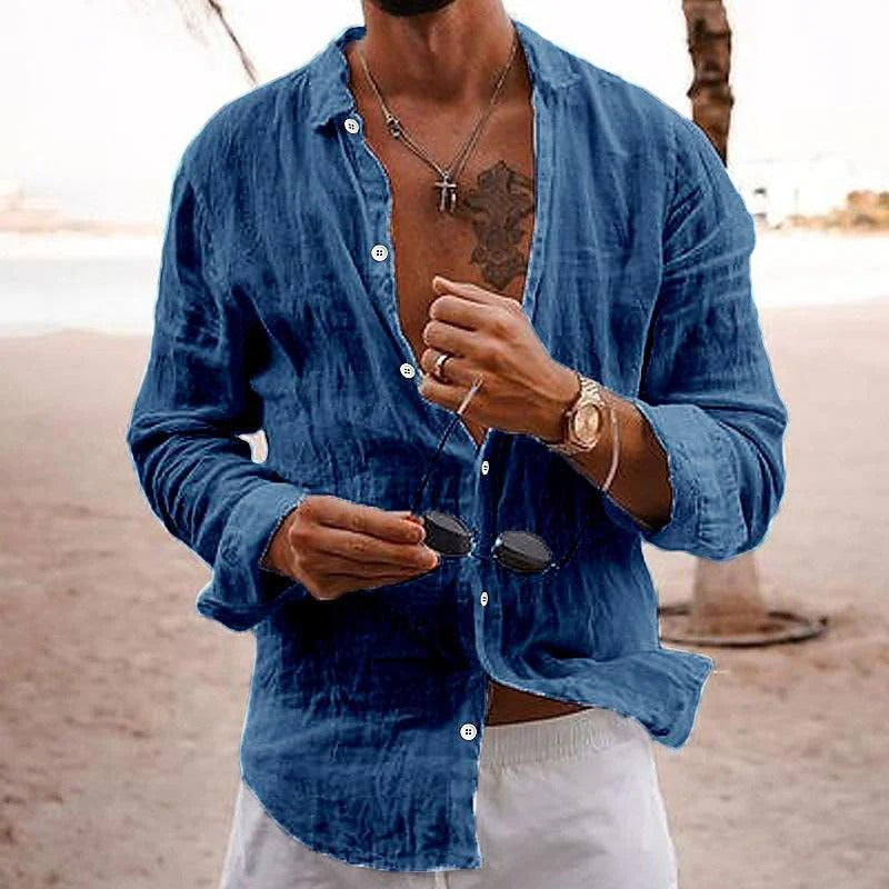 Camisa Casual de Algodón y Lino para Hombre