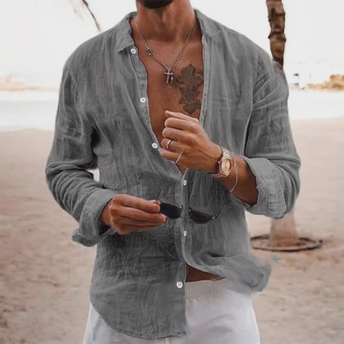 Camisa Casual de Algodón y Lino para Hombre
