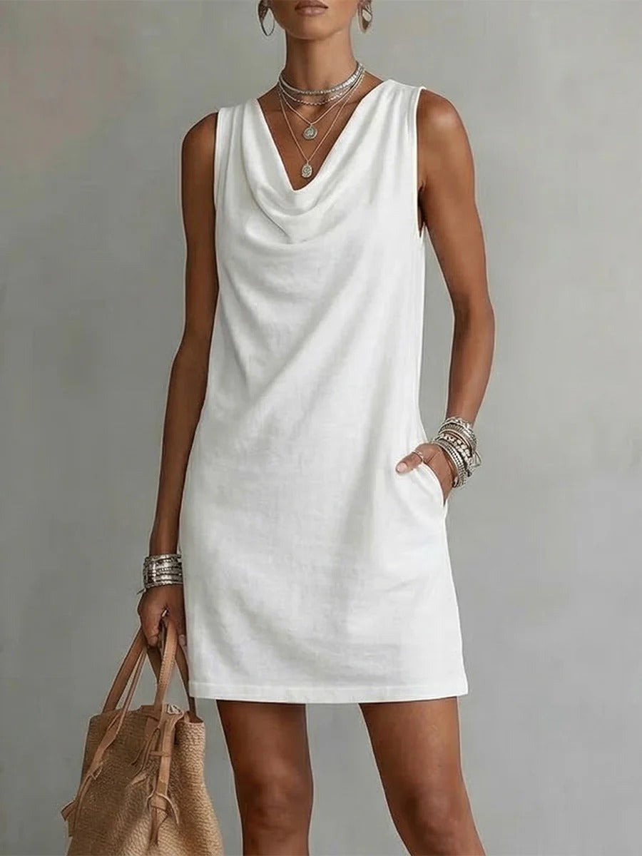 Vestido Nácar | Vestido de Algodón sin Mangas con Escote Drapeado
