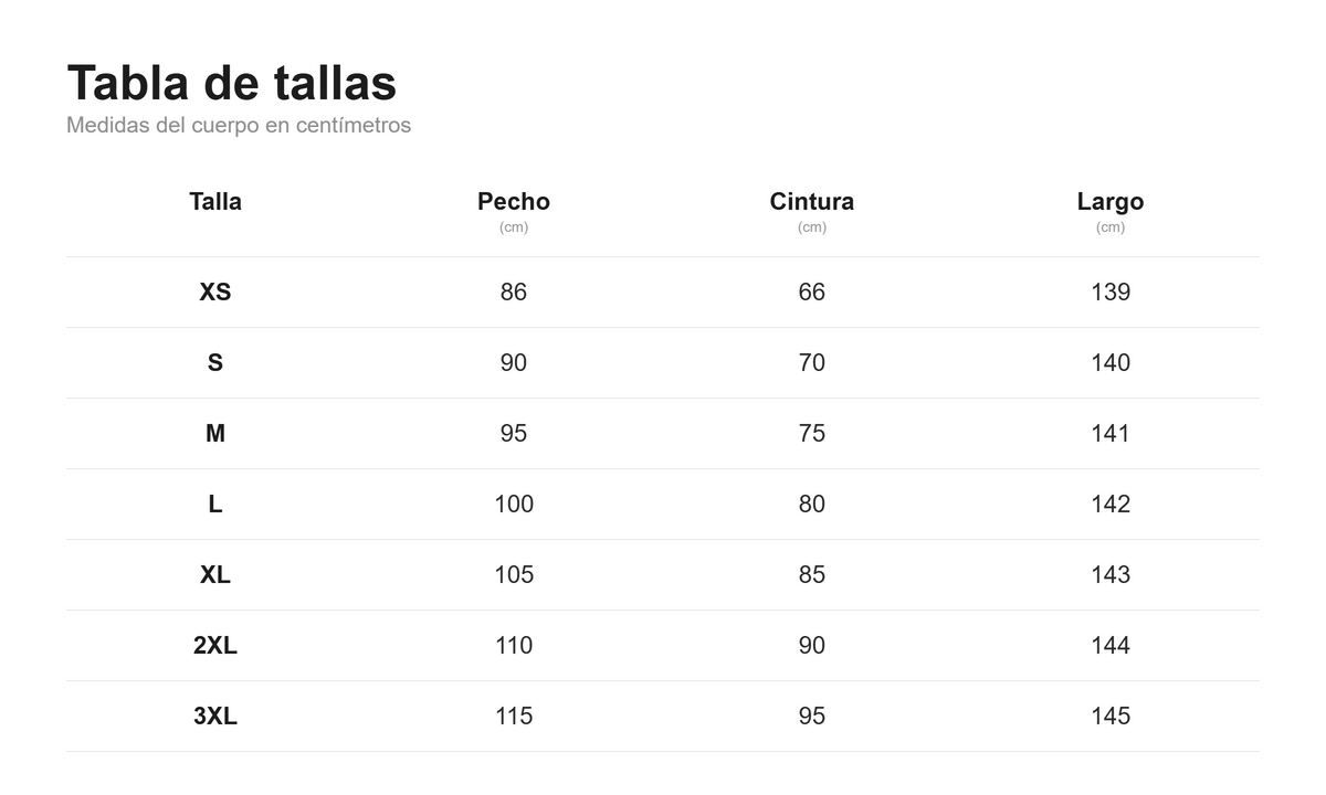 Tabla de tallas de Vestido Perfecta | Largo en berenjena